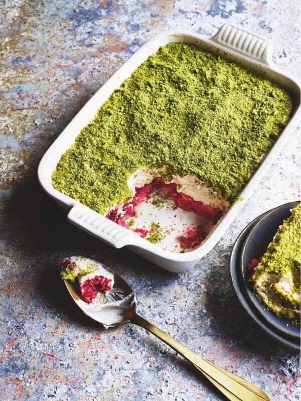 tiramisu with white chocolate raspberry and pistachio